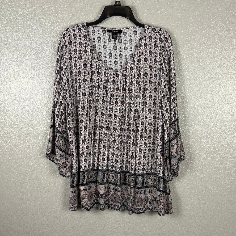 Style&Co Size Medium White Paisley Boho Bell Sleeve Round Neck Tunic Blouse Top